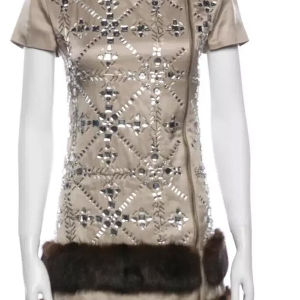 Moschino Couture Crystal Embellished Fur Trim Gold Zipper Dress USA 8 RHINESTONE - Picture 14 of 14